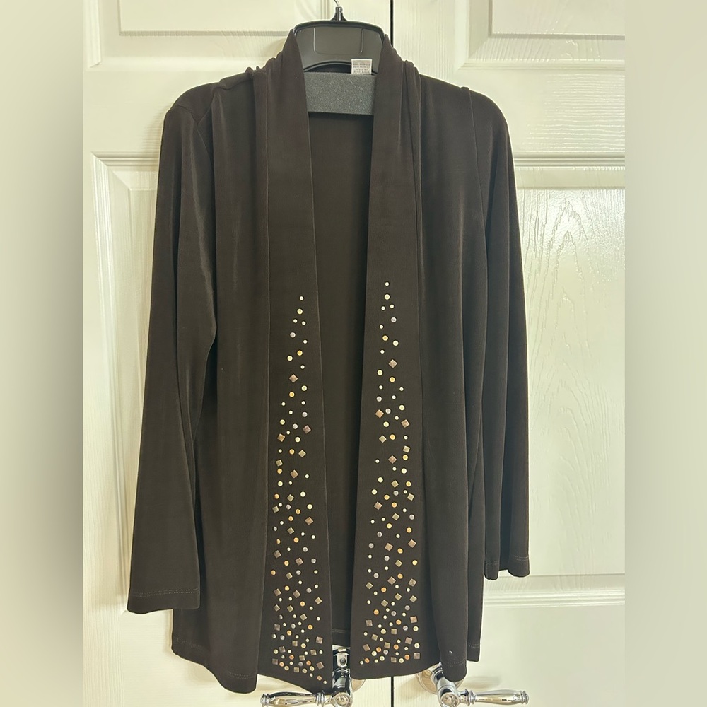 Chico's Rich Brown Traveler’s Cardigan with Mixed Metal Accents Chicos Size 1